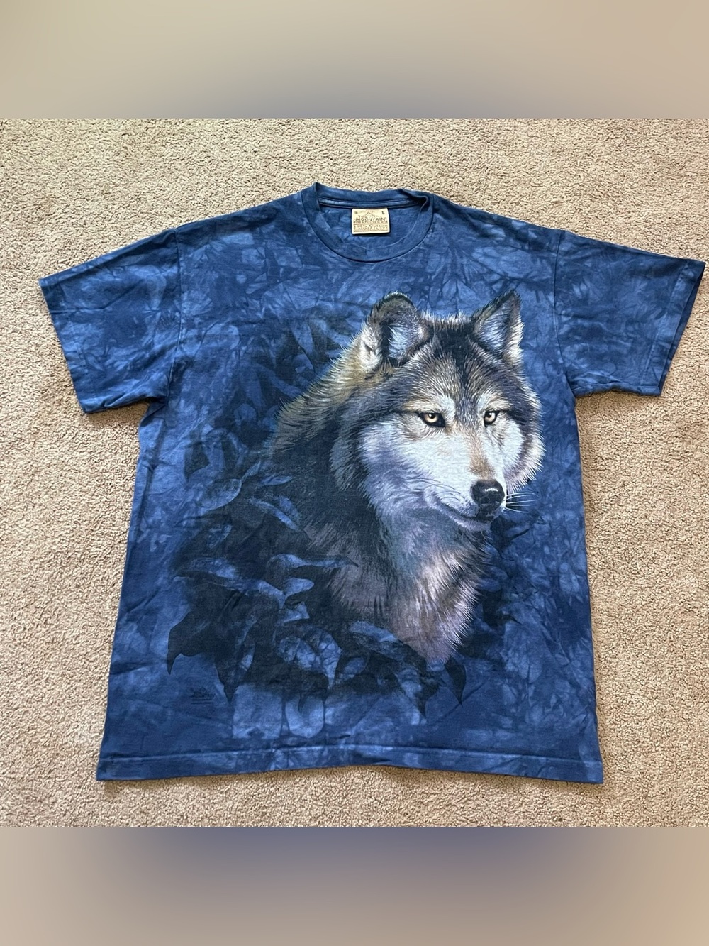 Vintage The Mountain Shirt Mens Large Blue Wolf Graphic Tie Dye Leather Tag USA